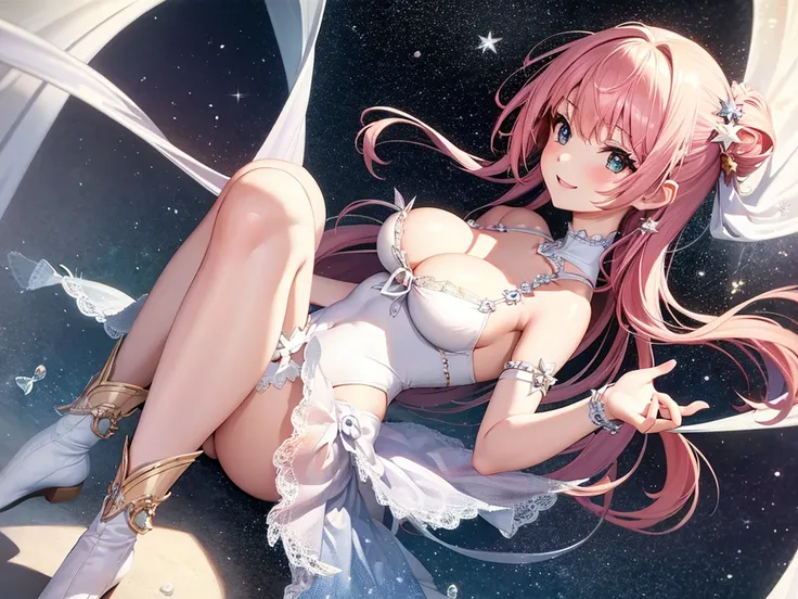 Bare shoulders and ample breasts,pretty girl、Pink Hair、White leotard、Star pattern、Bright atmosphere、smile、High leg