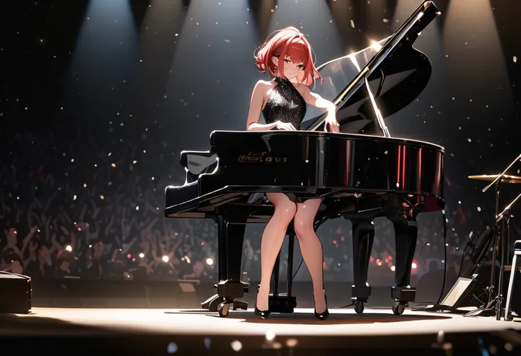 professional photograph, concert, highly detailed face, gorgeous redhead pianist on stage, short sexy dress, gorgeous legs, pitch black background, spotlight shining on the pianist