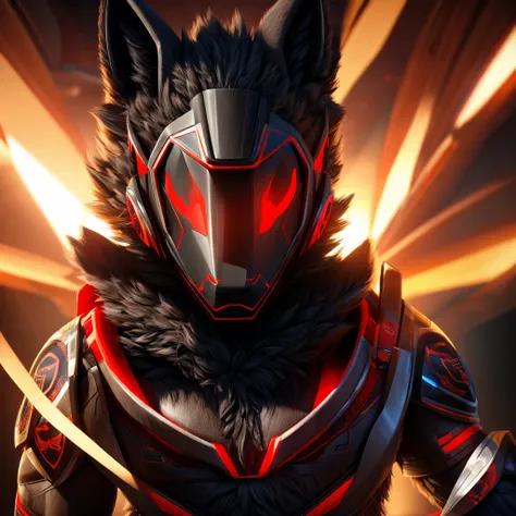 a red-black protogen, extremely detailed protogen face with visor, furry male, intricate robotic details, highly detailed, cinematic lighting, dramatic shadows, vibrant colors, award winning CGI, 8K resolution, photorealistic, hyper detailed