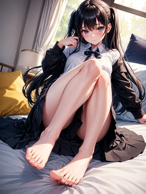 a girls foot resting on the bed 裸feeted while wearing a , One girl, alone, 裸feet, skirt, , feet, Seraphim, Lie in, shirt, foot, black shirt, pleated skirt