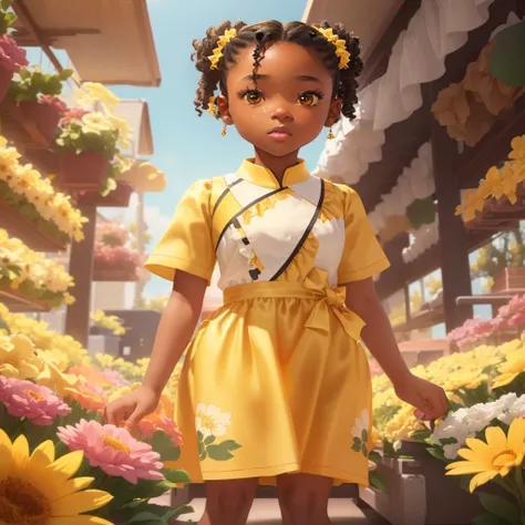 12 year old black girl, wearing yellow dress, with white details, best qualityer, (Extremely detailed CG 8k unity wallpaper), (best qualityer), (Best illustration), (best shade), absurderes, realistic lighting, (abyss), beautiful detailed glowing, sitting ...