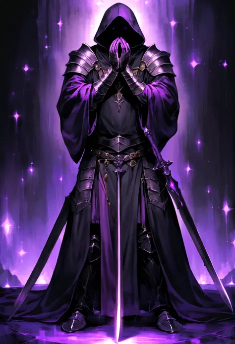 Priest Warrior, his two hands hold two large dark blades, that scratch the floor, Full body, Two purple lights come out of his eyes, dark fantasy style, Clothes and armor dyed black, with a hood, that covers his face