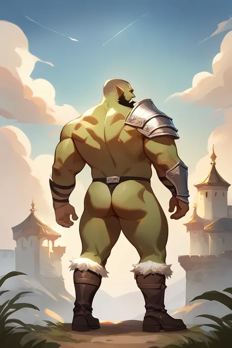 score_9, score_8_up, score_7_up, solo, male focus, bulk male, orc, green skin, tusks, beard, outdoors, micro armor , shoulder armor, breastplate, upper body, closed mouth, pauldrons, Day , Day sky, standing , boots , shirtless , (black g-string) , full bod...