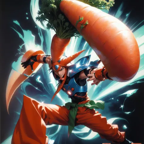 there is a cartoon of a carrot man holding a carrot, friendly carrot cyborg, dynamic guidance artwork, art from nes game cartridge, joe gb fenton, tomb, dynamic guidance art, trading card art, carrot, toriyama akira, art of yugioh, 80s Art, offcial art, in...