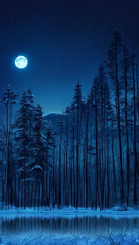 scenery,no humans, null, moon, star (null), night, reflection, starry null, wood, night null, nature, snow, full moon, forest, c...