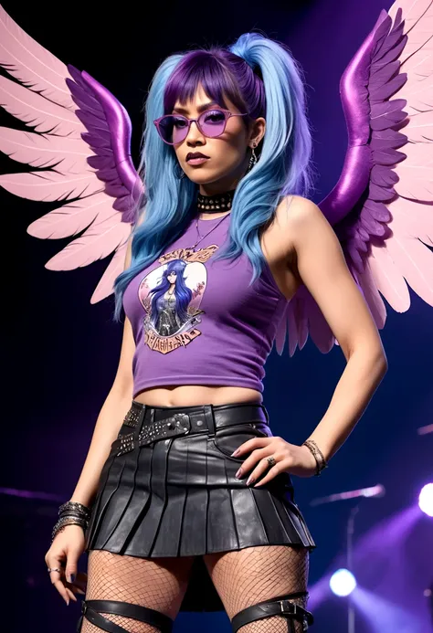  Ful edgy standing hand drawn portrait of WonderFae, fae with long blue and purple hair in feathered in rocker layers, 70s style purple glasses, dramatic rock n roll make up , large delicate purple pink blue ombré wings , pointy ears, anime, hatching , ill...