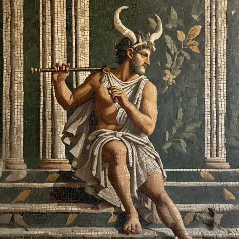 roman mosaic style, greek mosaic style, a satyr playing a flute on a staircase, before a greek temple, white horns, horned satyr, faun, greek mythology, wearing an ancient greek tunic with gold embroidery