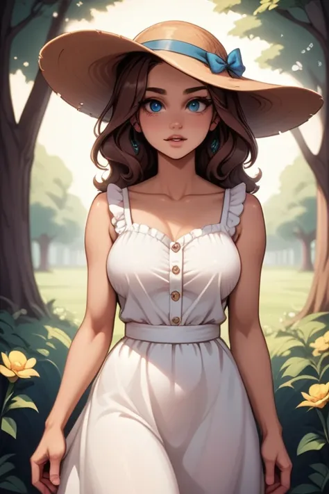 young woman; shoulder-length wavy brown hair; light-brown-skin; blue eyes; girl-next-door; soft features; beautiful; large breasts; casual clothing; sundress; in the park; saucy pose; best quality; trending on artstation; complex volumetric lighting; warm ...