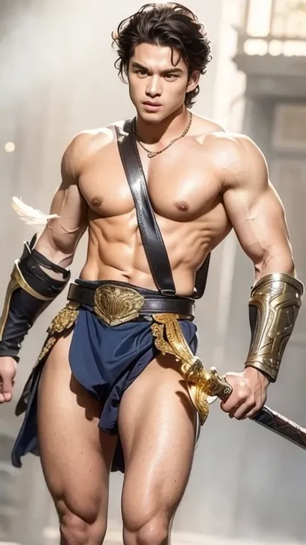 Strong tall gladiator with muscular build, (intense gaze, expressive eyes:1.1), sharp facial features, (beautiful detailed lips), wearing ancient wonder woman armor style and holding a large sword. The gladiator stands confidently in a dusty arena, bathed ...