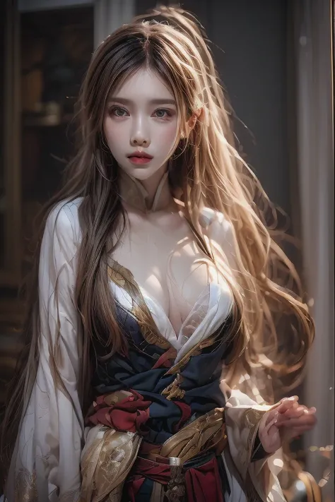  red cloth， Gold Embroidery， black embroidered gold， high ponytail， depth of field， Ancient Chinese scenery， elegant woman, big breasts, long hair, braid, blonde hair, 22 year old woman， ulzzang-6500v1.1， （manuscript： 1.2）， （realistic： 1.3） ， สาวสวยกับdeta...