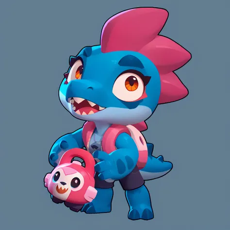 full view of a dinosaur, female, dark blue skin, friendly dinosaur, having a pink and white buoy, dinosaur animal, brawl, brawl stars