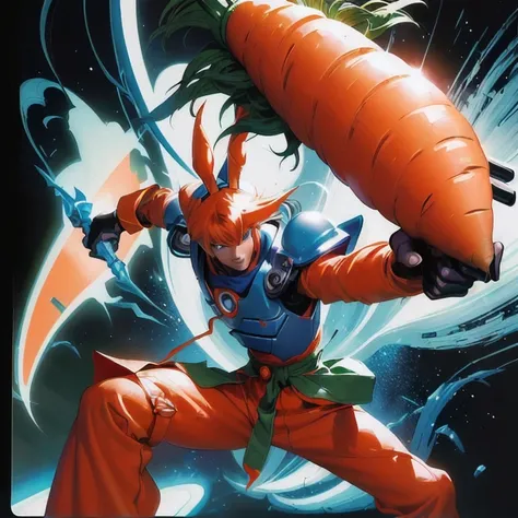 there is a cartoon of a carrot man holding a carrot, friendly carrot cyborg, dynamic guidance artwork, art from nes game cartridge, joe gb fenton, tomb, dynamic guidance art, trading card art, carrot, toriyama akira, art of yugioh, 80s Art, offcial art, in...