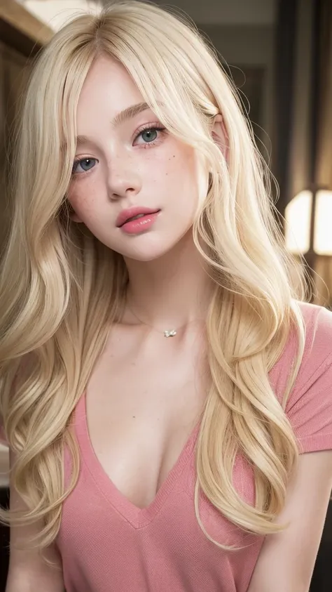 light blonde hair, wavy blonde hair, wavy blonde hair, with small fringe, black eye, upturned and beautiful nose, thick lips, cu...