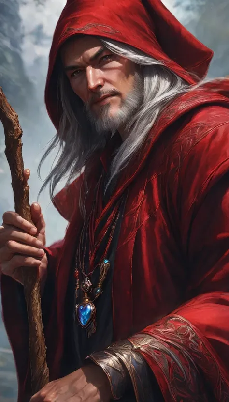 close-up of a man, holding a stick with a heart on it, hyper detailed fantasy character, secret wizard, spell caster, unreal engine fantasy art, in the red robes of sorcerers, wear red wizard robes, spell casting wizard, portrait of a red sorcerer, thin ma...