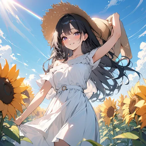 (masterpiece:1.5), highest quality, Super detailed, very detailed, exquisite, 16k, Full HD,  very aesthetic, absurdres, anime style, 1girl, high school girl, female, 17 years old, shoulder-length black hair, hair shining in the sunlight, bright smile, wear...