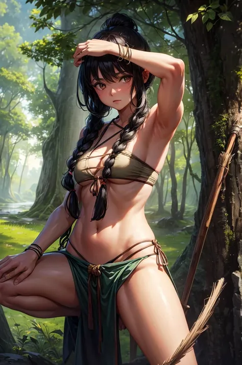 Best image quality, threaten, Holding a spear, Parent and , primitive, Primary forest, In underwear, ""Primitive clothing"", woman, Black Hair, Tying up hair, paint