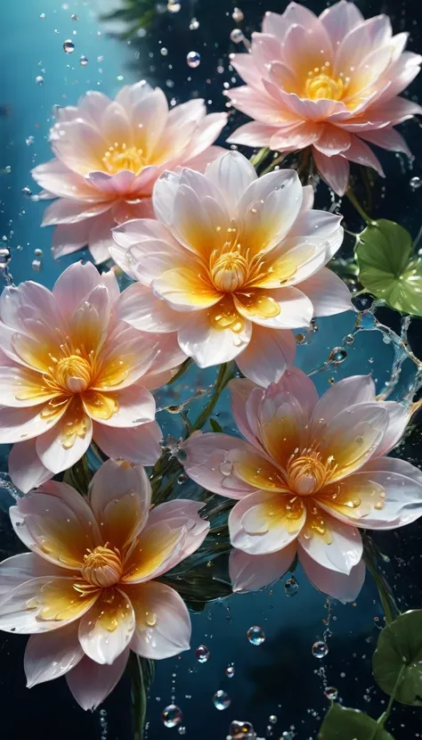 (((Exquisite detail:1.4))), (((Very crazy details:1.4))),(((Highest quality:1.3))), (((Soft-colored 4K high-definition digital art:1.3))). | Close-up of delicate water splashes forming a magical flower, Water splashes reflect light, Each splash is meticulo...