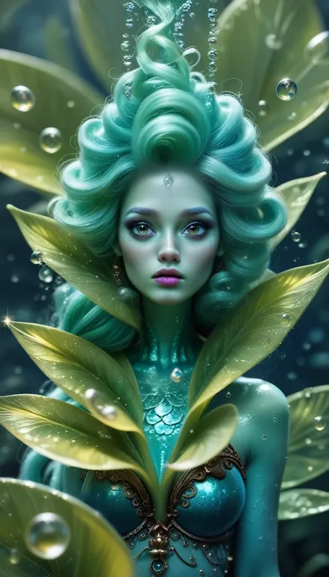 Highly detailed pictures of (Water element), Highest quality, masterpiece, Realistic, Ultra-realistic, Good exposure, Upper Body, Water A stunning image depicting a fascinating water nymph (Full Water Girl:1) In a mysterious atmosphere. She Shines, Glowing...