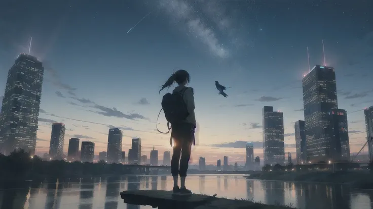 真っ暗なnight空,Octane, star (null), scenery, Blue parakeet,The acoustic guitar is in front of the body.,star, night, One Girl, Back view, alone, Outdoor, city,river,Blue parakeet,building, cloud, 天のriver, Are standing,silhouette