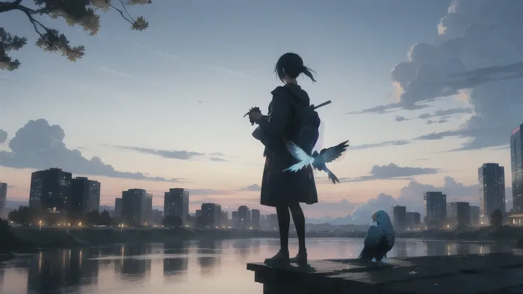 真っ暗なnight空,Octane, star (null), scenery, Blue parakeet,The acoustic guitar is in front of the body.,star, night, One Girl, Back view, alone, Outdoor, city,river,Blue parakeet,building, cloud, 天のriver, Are standing,silhouette