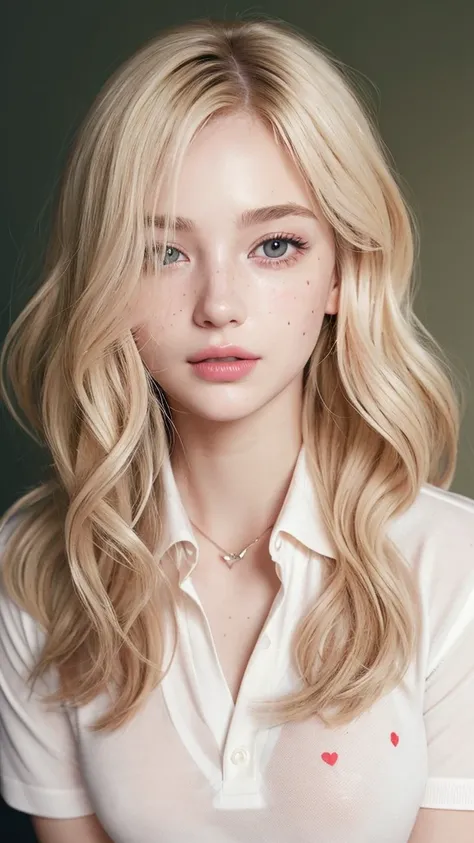 Light blonde hair, Wavy blonde hair, Wavy blonde hair, With small fringe, black eye, Upturned and beautiful nose, Thick lips, Cupid with heart shaped lips.., Pink Lips, pale, White skin, Nice and soft skin, I have freckles and moles, Beautiful eyebrows, Ex...