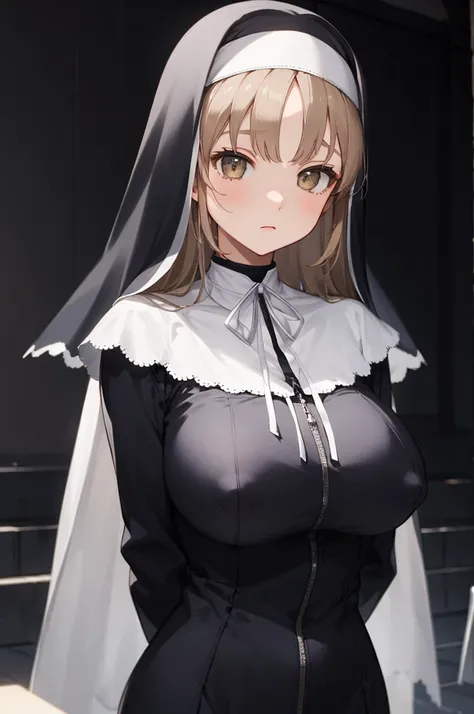 aasister, long hair, nun, habit, white capelet, neck ribbon, (black dress:1.2), long sleeves, white gloves, full-length zipper,huge breasts,expressionless,,arms behind back,upper body,erect nipple,(((dark room))),church