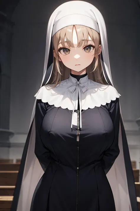 aasister, long hair, nun, habit, white capelet, neck ribbon, (black dress:1.2), long sleeves, white gloves, full-length zipper,huge breasts,expressionless,,arms behind back,upper body,erect nipple,(((dark room))),church