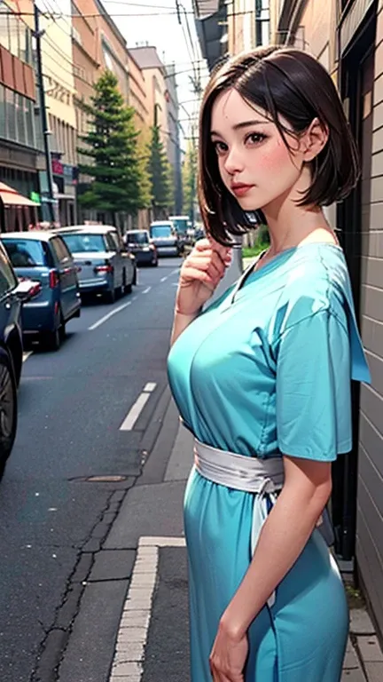 1 Woman, Japanese Woman,(Housewife:1.5),(40 Years Old:1.68),(Attractive Mature Woman:1.66),(Middle Age:1.78),(Small Round Face:1,69),(small breasts:1.5),((graduated haircut)),(design tunic),(((Cities, streets, trees, sidewalks))),