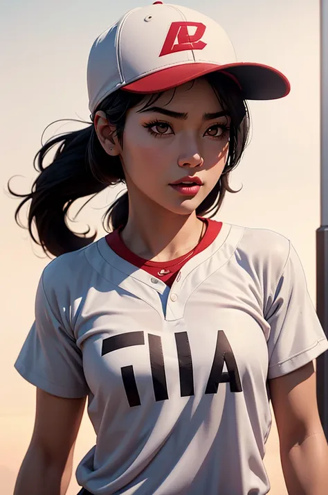 Baseball cap with "sheeny" inscription, Asian girl, black hair, brown eyes, Low saturation Pixar Super details,clay, looking at viewer, white background, divine cinematic edge lighting, soft focus. 8K, bestquality, ultra-detail.