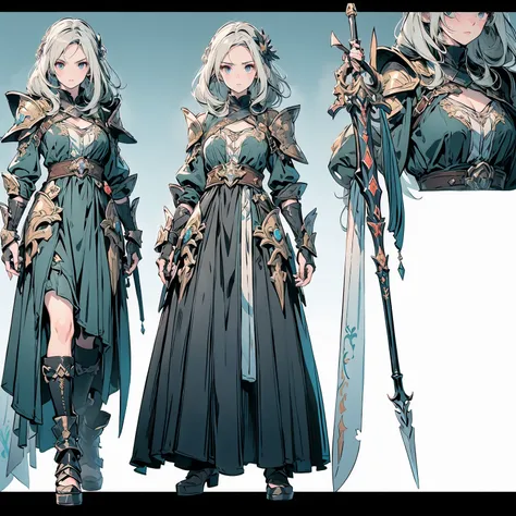 Design a layout showcase Gaming character, (1girl). Golden+Purle clothes, stylish and unique, ((showcase weapon:1.4)), magic staff, (masterpiece:1.2), (best quality), 4k, ultra-detailed, (Step by step design, layout art:1.5), (luminous lighting, atmospheri...