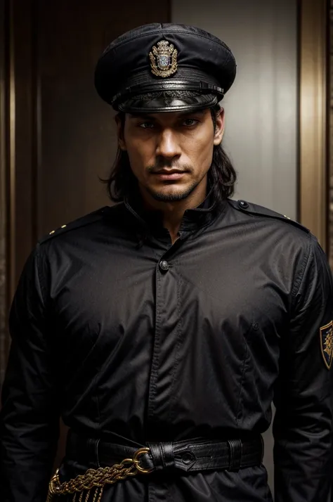 a group of officers, Serious and stern, with high cheekbones and a straight nose. His dark eyes are intense and filled with the weight of his duties. A neatly trimmed goatee complements his black, wavy hair tied back, and he wears a bicorne hat that signif...