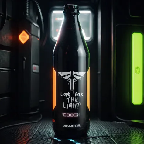 One bottle in the picture.A bottle of cyber beer presented in cyberpunk style, with characteristic elements: smooth, matte coating, decorated with bright neon luminous inserts. Design includes digital pixel patterns and abstract graphic elements, creating ...