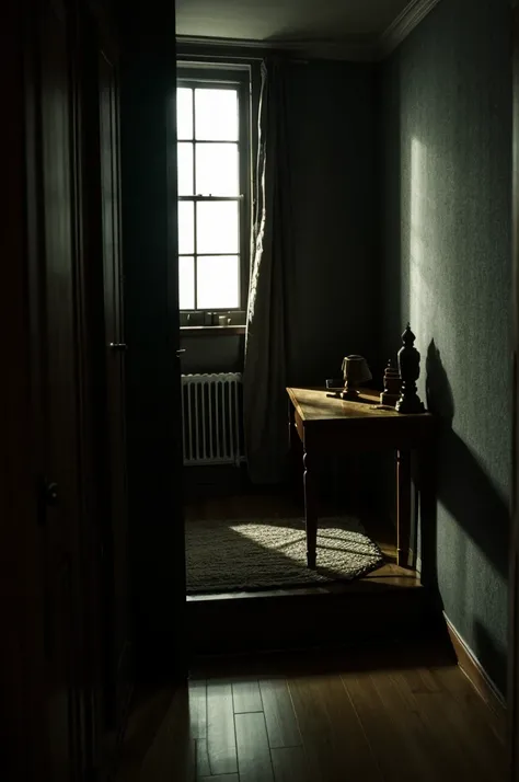 Gregor Samsa wakes up in his room, feels strange and disoriented. The room is dimly lit, with shadow, that create an eerie atmosphere. (Inside perspective)