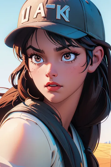 Baseball cap with "sheeny" inscription, black hair, brown eyes, Low saturation Pixar Super details,clay, looking at viewer, white background, divine cinematic edge lighting, soft focus. 8K, bestquality, ultra-detail.