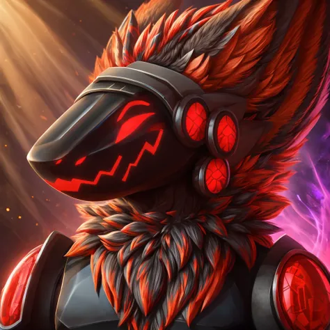 a red-black protogen, extremely detailed protogen face with visor, furry male, intricate robotic details, highly detailed, dramatic shadows, vibrant colors, 8K resolution, happy face, cute, two ears, two eyes