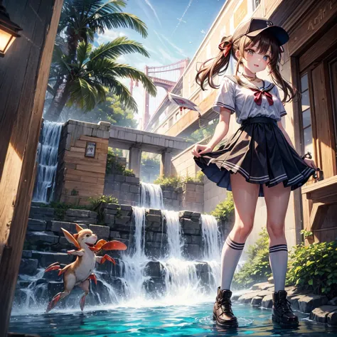 Red, brown, gold, gold hair、Golden Eyes、Hair tied up、One good looking girl、solo、anime、Checkered mini skirt、Ruffles on the skirt、Checked dress、blouse、school uniform、Black knee-high socks、Wearing a baseball cap、Ribbon、Ribbon on waist、Teeth are visible、Silver...