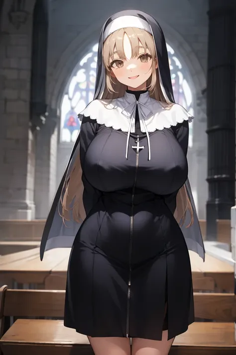 aasister, long hair, nun, habit, white capelet, neck ribbon, (black dress,short dress:1.2), long sleeves, white gloves, full-length zipper,(((huge breasts))),bare legs,smile,,arms behind back,,erect nipple,(((dark room))),church,looking viewer,thigh