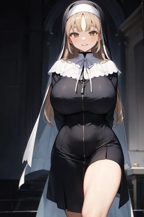 aasister, long hair, nun, habit, white capelet, neck ribbon, (black dress,short dress:1.2), long sleeves, white gloves, full-length zipper,(((huge breasts))),bare legs,smile,,arms behind back,,erect nipple,(((dark room))),church,looking viewer,thigh