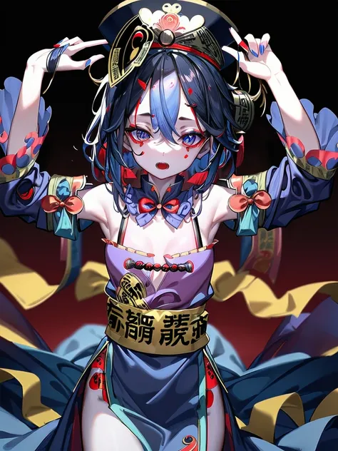 absurderes, (solo)Ultra-detail, Delicate beautiful face,(jiangshi:1.4), (Spells with red letters on yellow),mid night,Dark scenery,Stretch your hands forward,Blue manicure,(double tooth),Cemetery at night