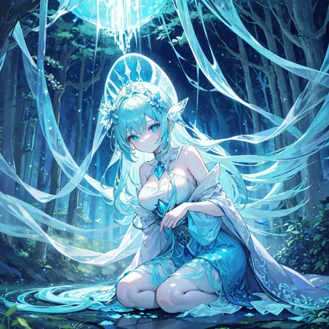 A mystical, luminescent illustration of a fairy-like girl in a forest filled with glowing mushrooms. The girl has long, flowing blonde hair and wears a delicate, light blue outfit that shimmers with an ethereal glow. She is kneeling on the forest floor, su...