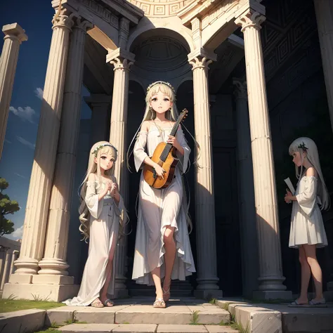 最high quality、high quality、Young Greek God々、Sanctuary Grasslands、Long dress、Full of light、Mysterious、Little angels are playing instruments all around、Greek temple in the distance