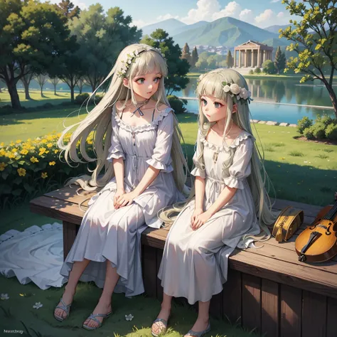 最high quality、high quality、Young Greek God々、Sanctuary Grasslands、Long dress、Full of light、Mysterious、Little angels are playing instruments all around、Greek temple in the distance