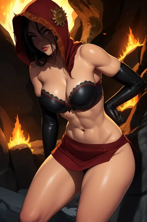 Dsorceress, shadowy face,dark cave, fire, hood, shadowed face, strapless bra, slim and athletic body, miniskirt, no panty, elbow gloves, dark skin, 1 girl (insanely detailed, masterpiece, best quality)