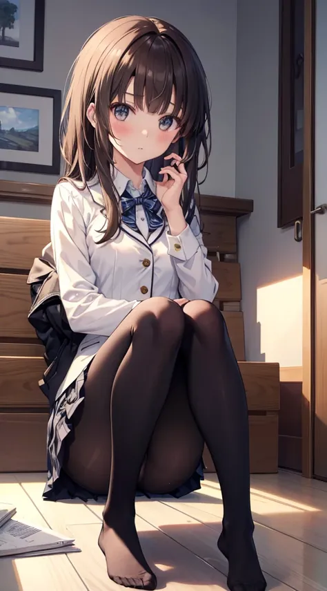 Top quality, masterpiece, High resolution, (Head to toe full body), front, frontやや下からの構図, Symmetric, Tall 18 year old girl, alone, (Head to toe), (Small breasts), Unkempt brown hair, bangs, (black tights), (Black Pantyhose), (Sit with your legs apart), (Cr...