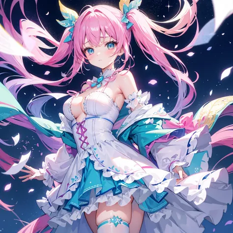 A vibrant, pastel-colored illustration of a young girl with teal hair, styled in twin tails adorned with various colorful accessories, including bows and flowers. She has large, sparkling eyes filled with stars, and a gentle blush on her cheeks. The girl i...