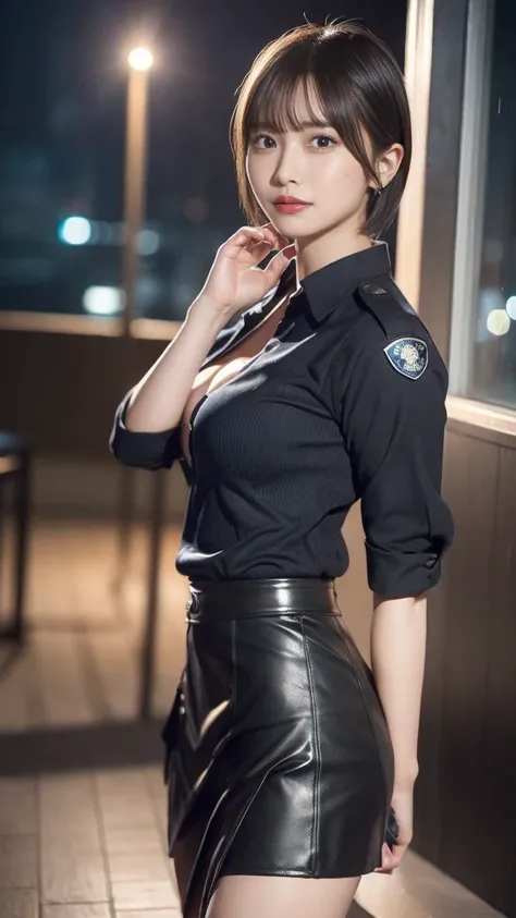 An innocent 20-year-old girl、((Police Girl, Sexy police uniform, skirt, Cute and elegant, Dramatic Pose)),smile,Night city background,short hair、Bobcut、RAW Photos, (8K、Highest quality、masterpiece:1.2)、(Intricate details:1.4)、(Photorealistic:1.4)、Octane Ren...