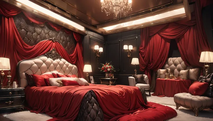 a fluffy red silk duvet, many large silk cushions, a luxurious and fluffy red silk bed, extremely detailed, high quality, 8k, best quality, photorealistic, studio lighting, lush, elegant, soft, delicate, rich, warm colors, serene, luxurious bedroom interio...