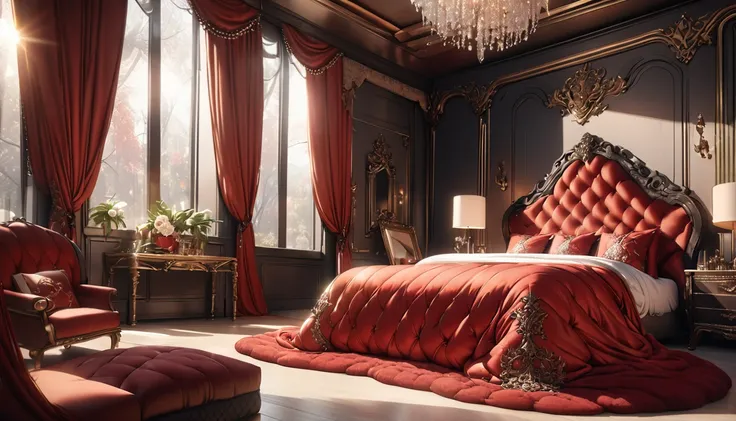 a fluffy red silk duvet, many large silk cushions, a luxurious and fluffy red silk bed, extremely detailed, high quality, 8k, best quality, photorealistic, studio lighting, lush, elegant, soft, delicate, rich, warm colors, serene, luxurious bedroom interio...