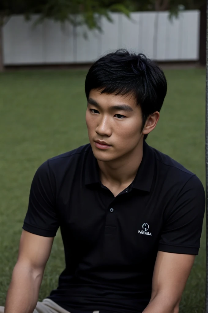 young asian man in a black polo shirt sitting on the grass with a serious expression, looking into the distance Turn your head slightly.，nighttime