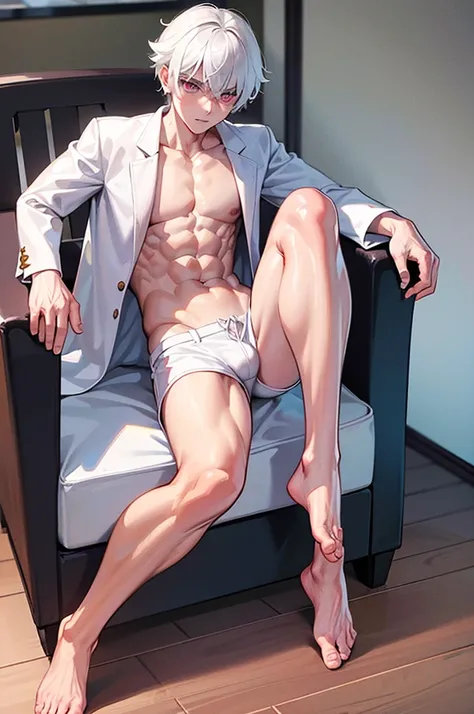 white hair boy, very detailed pink eyes, serious look, muscular, sexy, barefoot, wearing short white shorts, Sitting in an armchair 